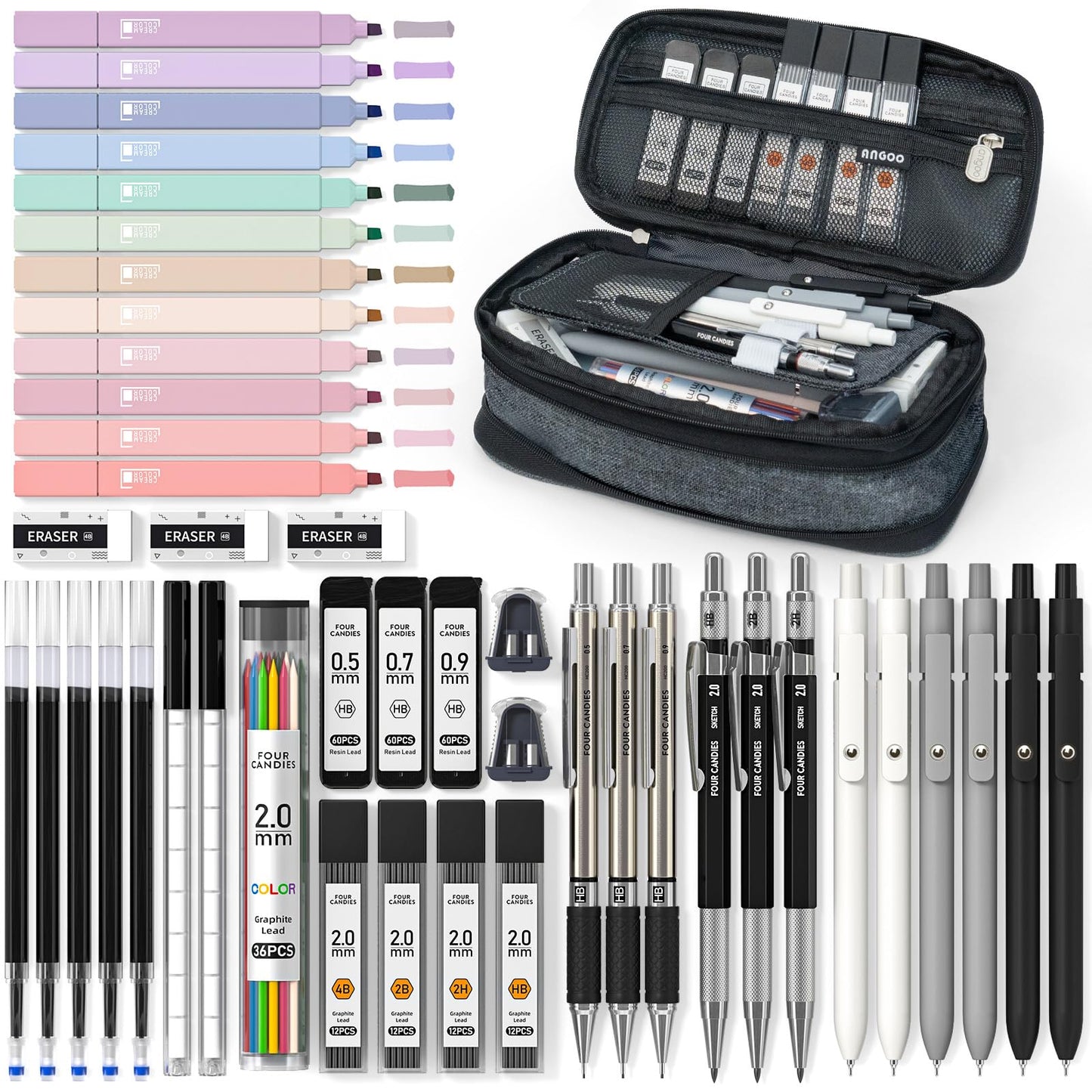 Four Candies 45 PCS Stationery Set with Pen Case, College Supplies and Nursing Student Essentials, 12 Pastel Highlighters, 6 Black Gel Pens, 6 Mechanical Pencils, Black