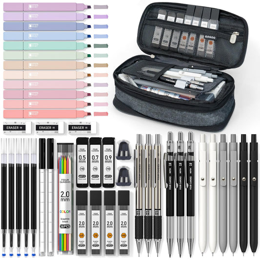 Four Candies 45 PCS Stationery Set with Pen Case, College Supplies and Nursing Student Essentials, 12 Pastel Highlighters, 6 Black Gel Pens, 6 Mechanical Pencils, Black