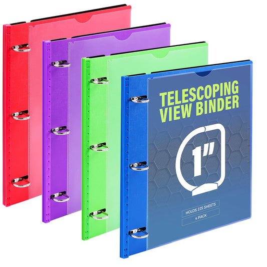 WOT I 1 Inch Telescoping 3 Ring Binder 4 Pack, Expandable Flexible Binder with Customizable Front Cover & Clear Catalog Pocket, Holds 225 Sheets, Assorted Colors, School Office Supplies