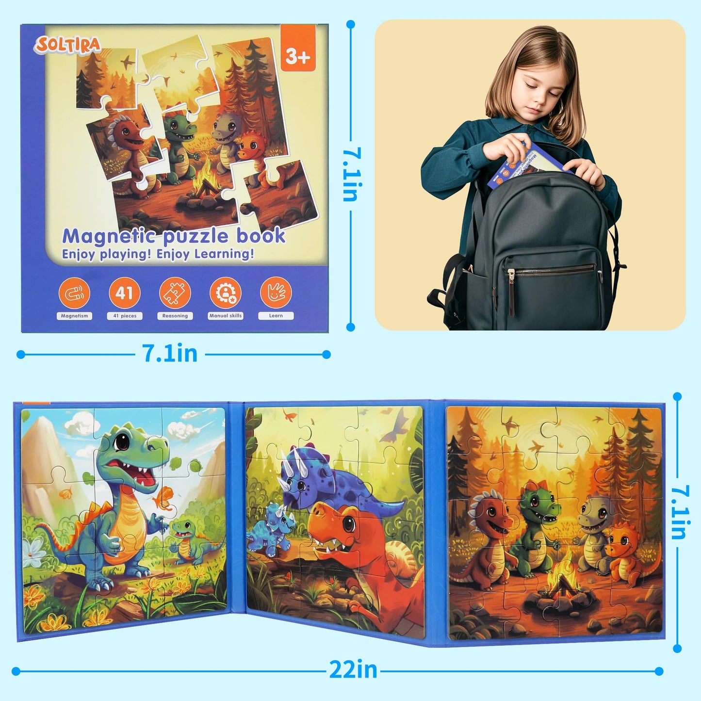 Dinosaur Magnetic Puzzles for Toddlers 3-5 36PCS-3 Animal Themes Puzzles for Kids 4-6 Travel Puzzle for Airplane/Car/Road Trip/Gift Toys for 3-5 Year Old Girls and Boys