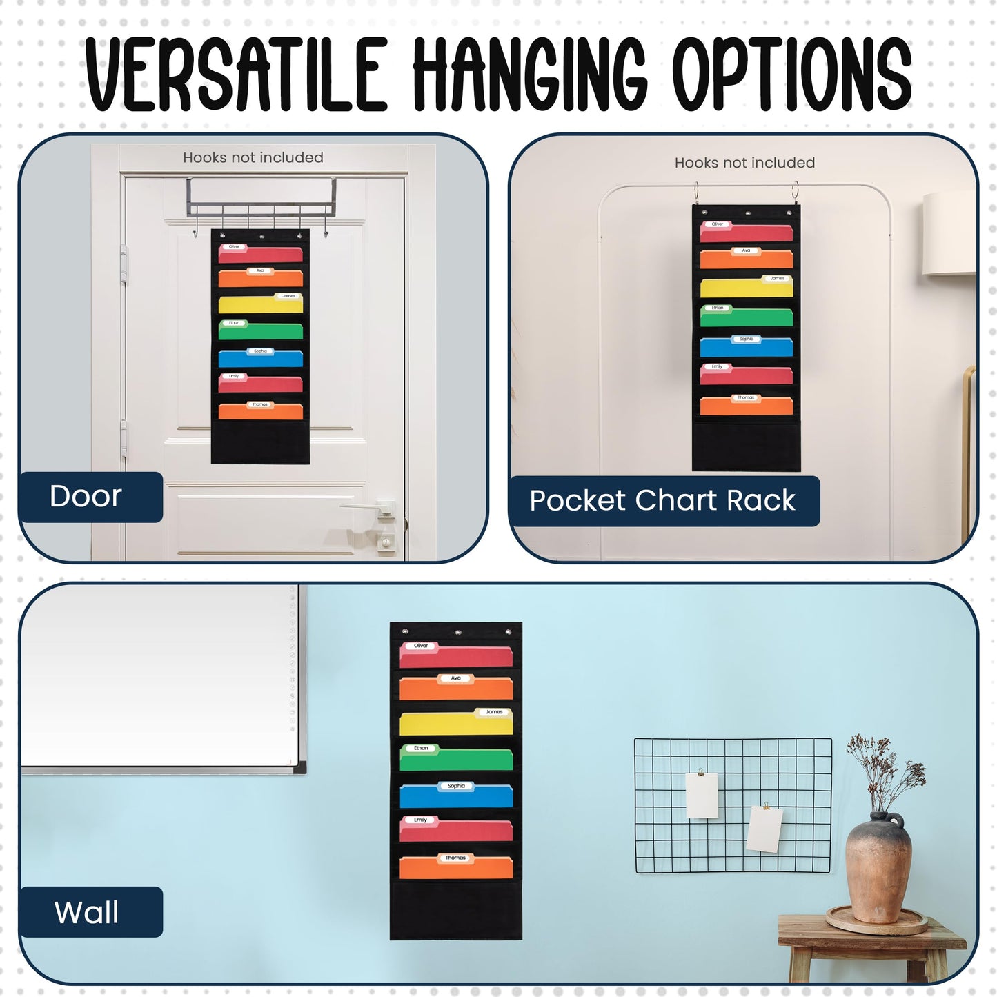 Essex Wares - 7 Pocket File Pocket Chart, Black, Tall - Versatile Wall Hanging File Folder Organizer for Classroom, Office, Home, and More - Wall Folder Organizer - 7 Pockets