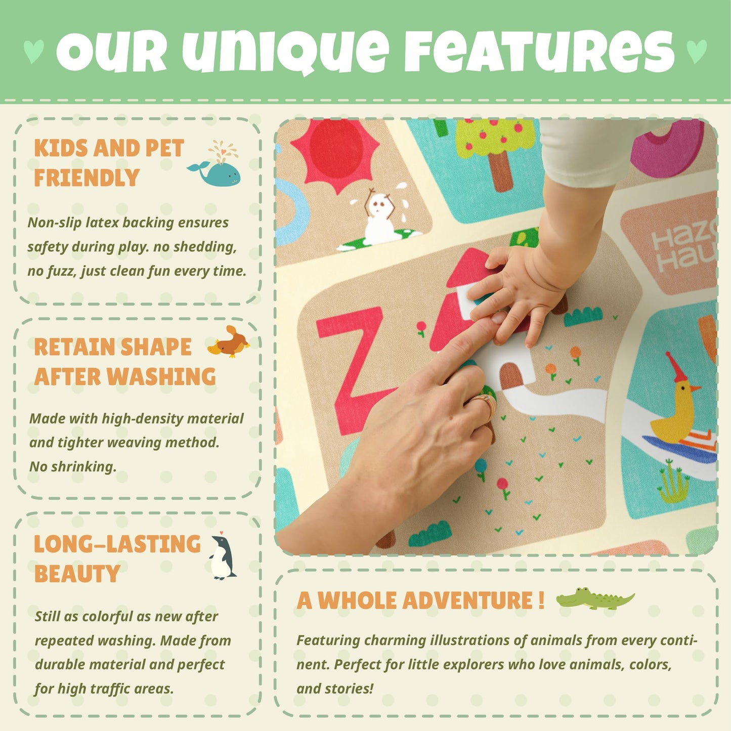 ABC Alphabet Rug for Preschool Kids Learning – 6x9 Baby Crawling Play Mat, Washable & Wipeable Floor Carpet, Soft & Non Skid Toddler Rug with Educational Letters and Whimsical Cartoon Art Decor