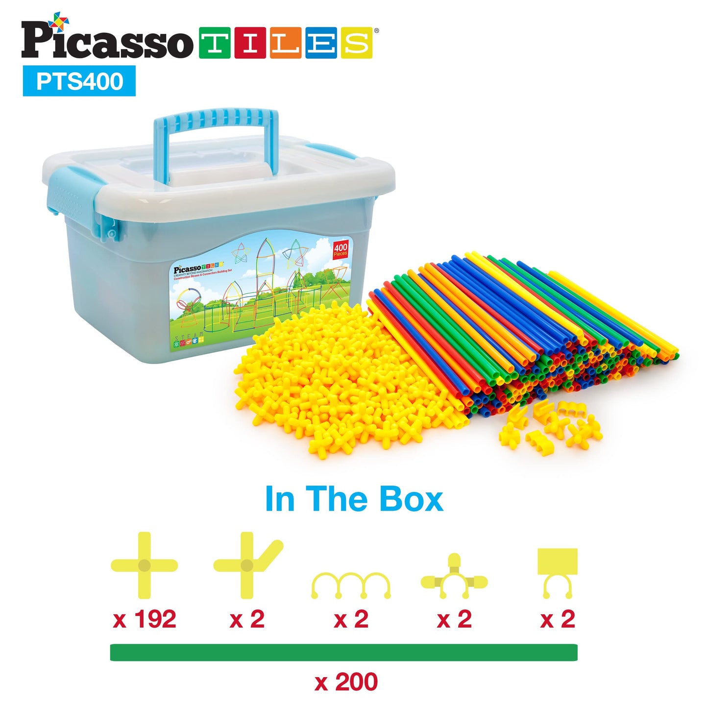 PicassoTiles 400pc Construction Toy Straw Building Set Children STEM Learning Interlocking Building Toys Creative Straw Connecting Builder Kits Early Education Kit for Kids Boys & Girls Ages 3+ PTS400