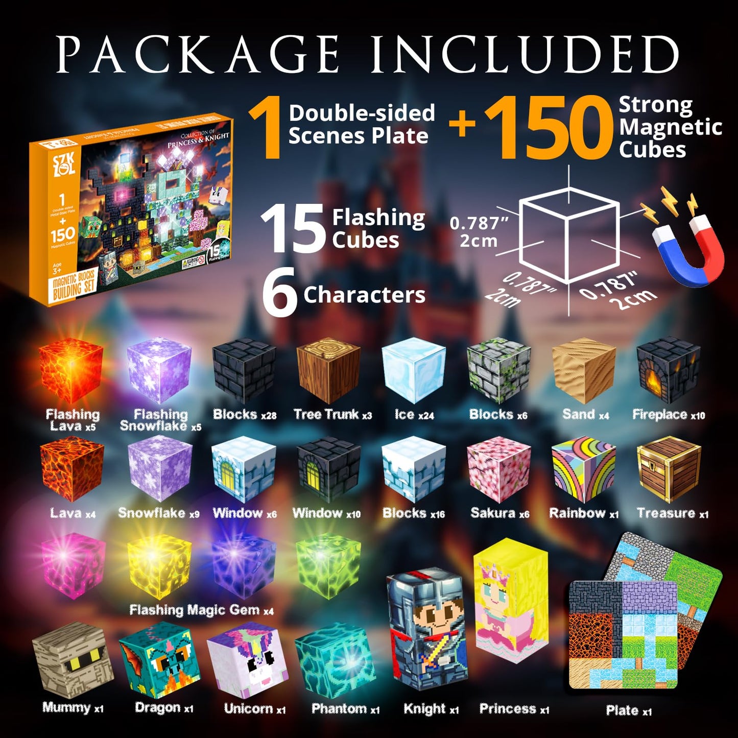 SZKLOL 150 PCS Light Up Magnetic Building Blocks for Kids, STEM Educational Building Toys with Metal Baseplate for Ages 3-8, Princess & Castle Magnetic Stacking Cubes (150 pcs, 15 Flashing Cubes)