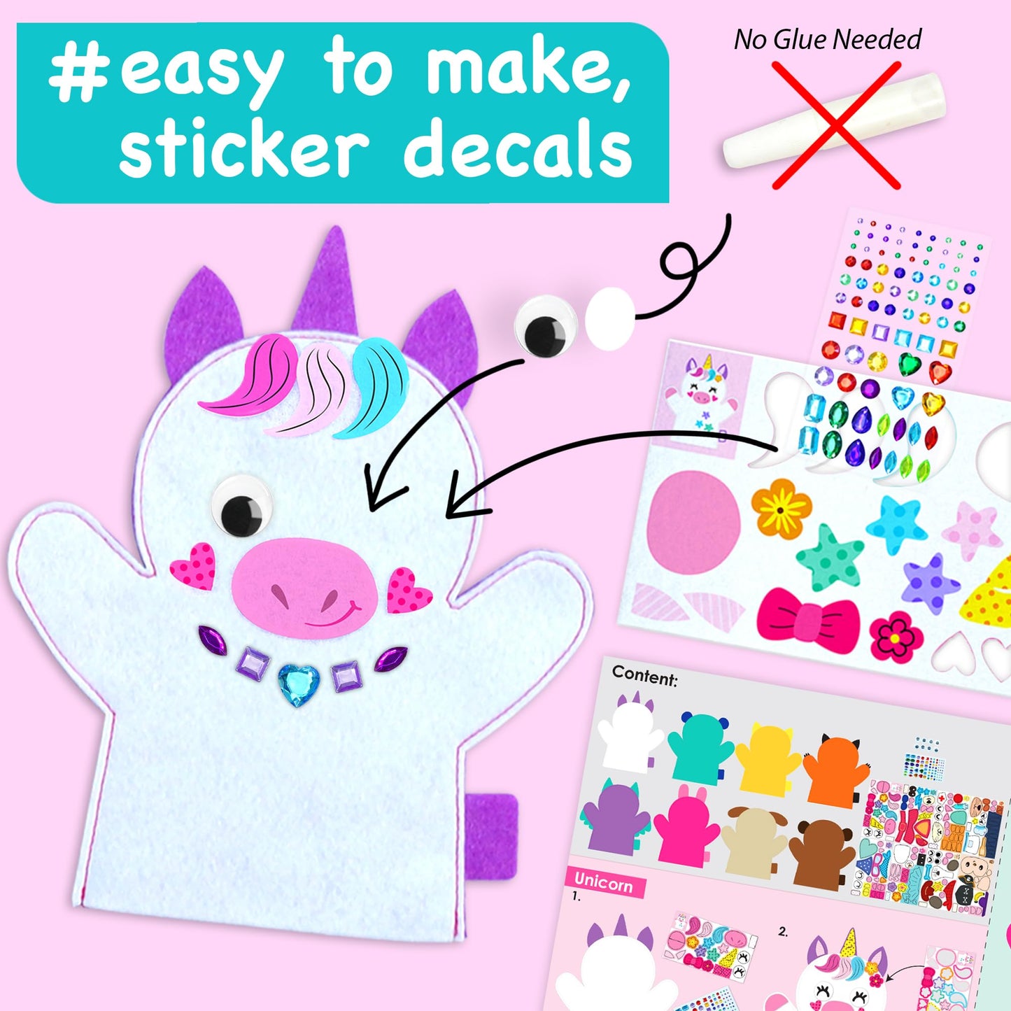 EZCRA Unicorn Hand Puppet Making Kit for Kids Age 5-8 - DIY Puppet Making Craft Kit - Creative Arts & Crafts Set, Educational Gift - Pretend Play Toys - 8 Projects, Extra Stickers for Decoration