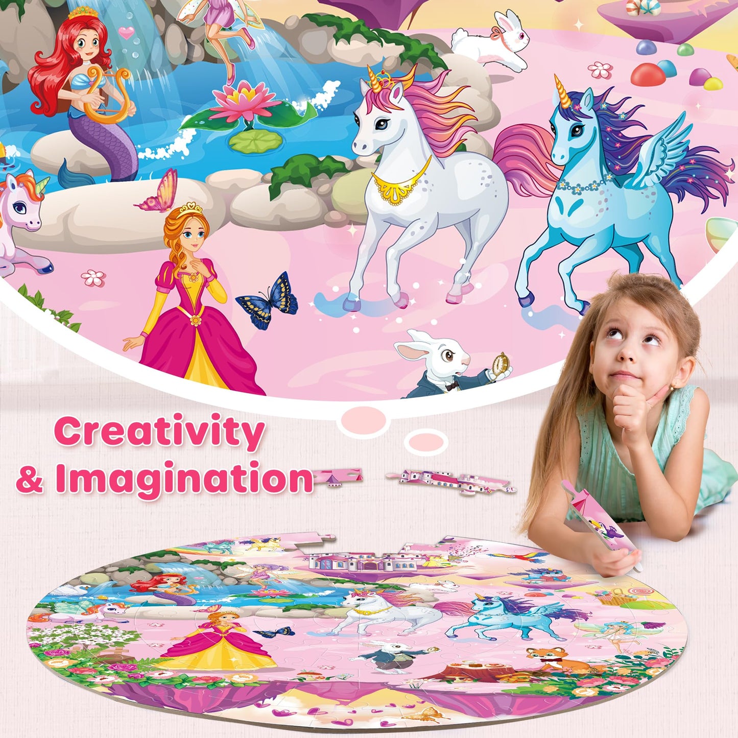 SYNARRY Unicorn Princess Mermaid Fairy Floor Puzzle for Kids Ages 3-5, Large 70 Piece Wooden Puzzle for Kids Ages 4-6, Preschool Toys Gifts for 3 4 5 6 7 8 Years Old Boys Girls Children