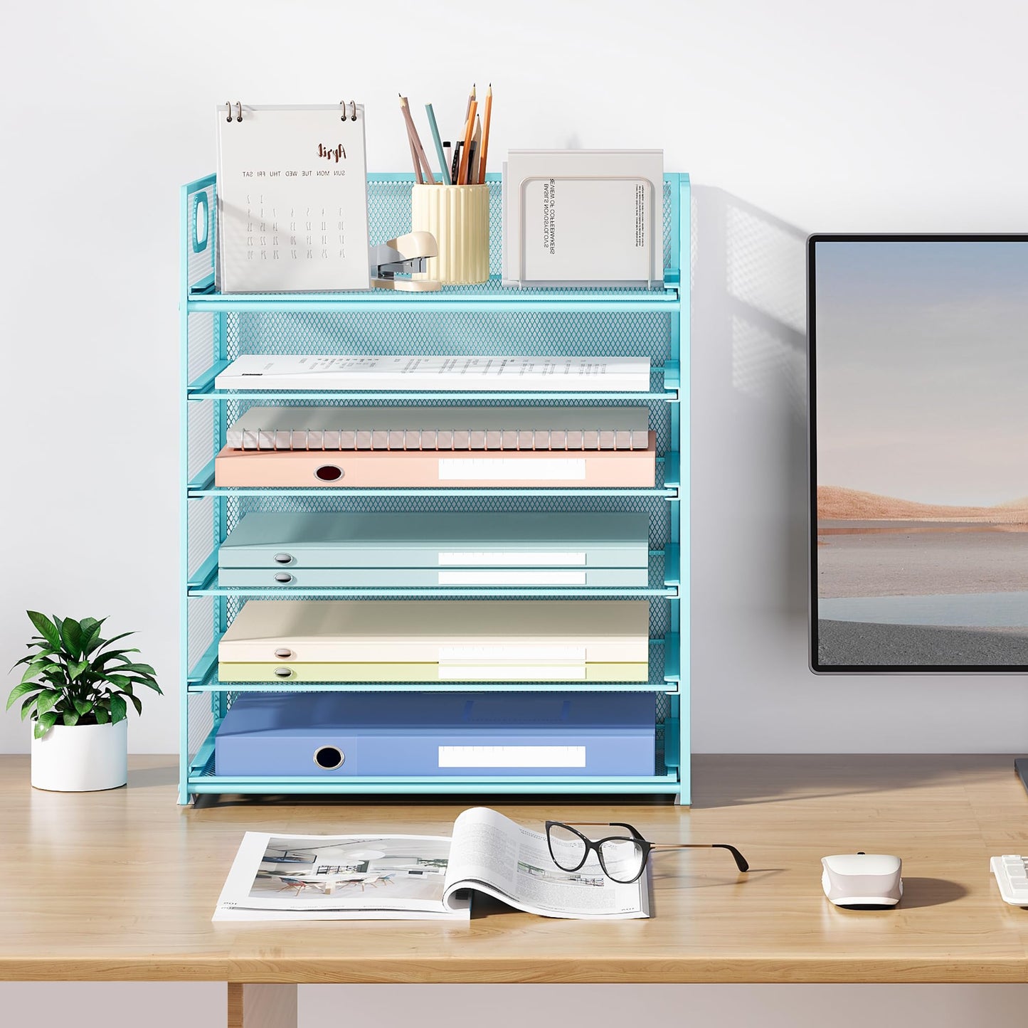 Subekyu 6 Tier Office File Paper Desk Tray Organizer with Handle, Stackable Slide Mesh Letter Tray Folder Blue Desk Organizer, Desktop Document Sorter for Classroom, Office, Home Supplies Storage