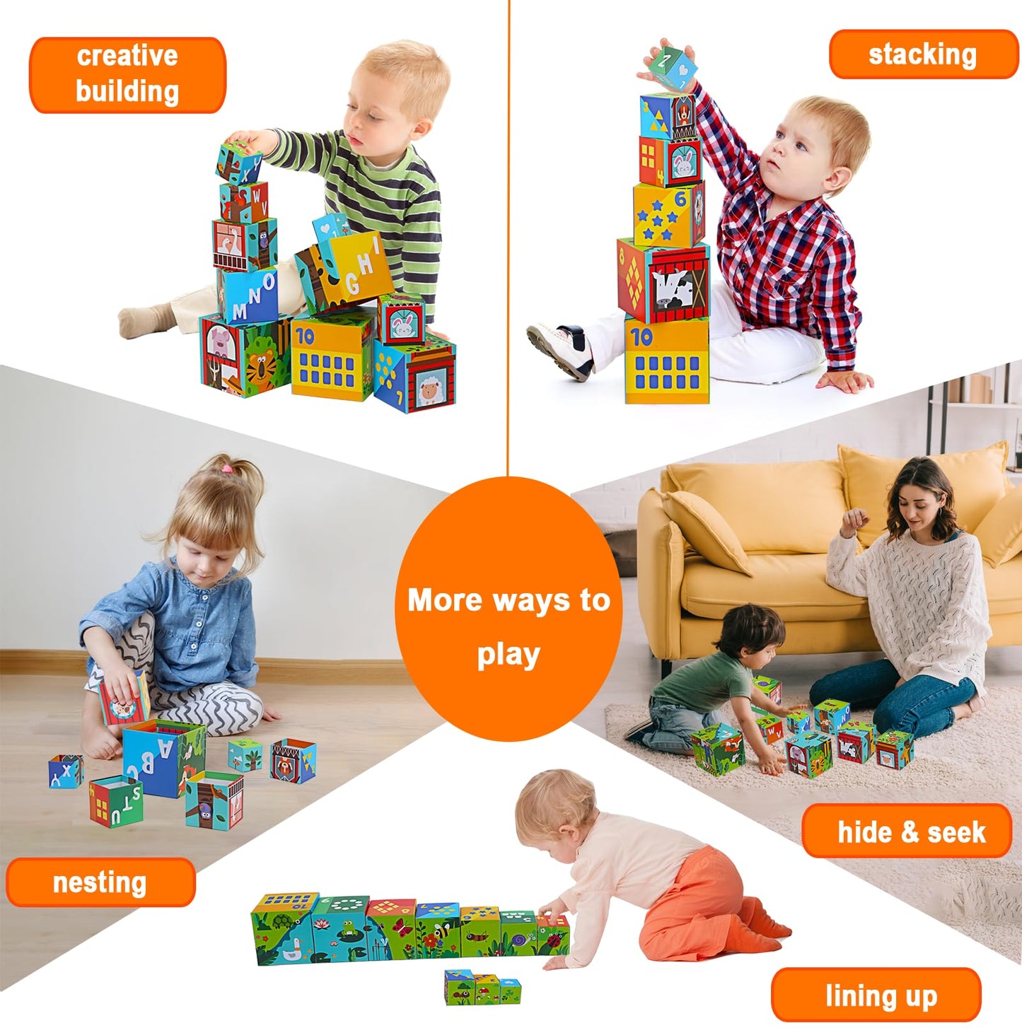 beeqoo 10 Pcs Nesting and Stacking Blocks for Toddlers 1-3 - Cardboard Stacking Cubes with ABC & Numbers - Montessori Educational Learning Toy - Sturdy Toddler Tower Building Set for Kids