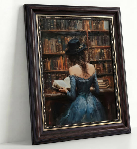 Vintage Dark Brown Framed Victoria Woman Reading Books Canvas Wall Art Dark Academy Style Wall Decor Picture Vintage Portraits Poster Print Painting for Books Lovers Library Home Decorate