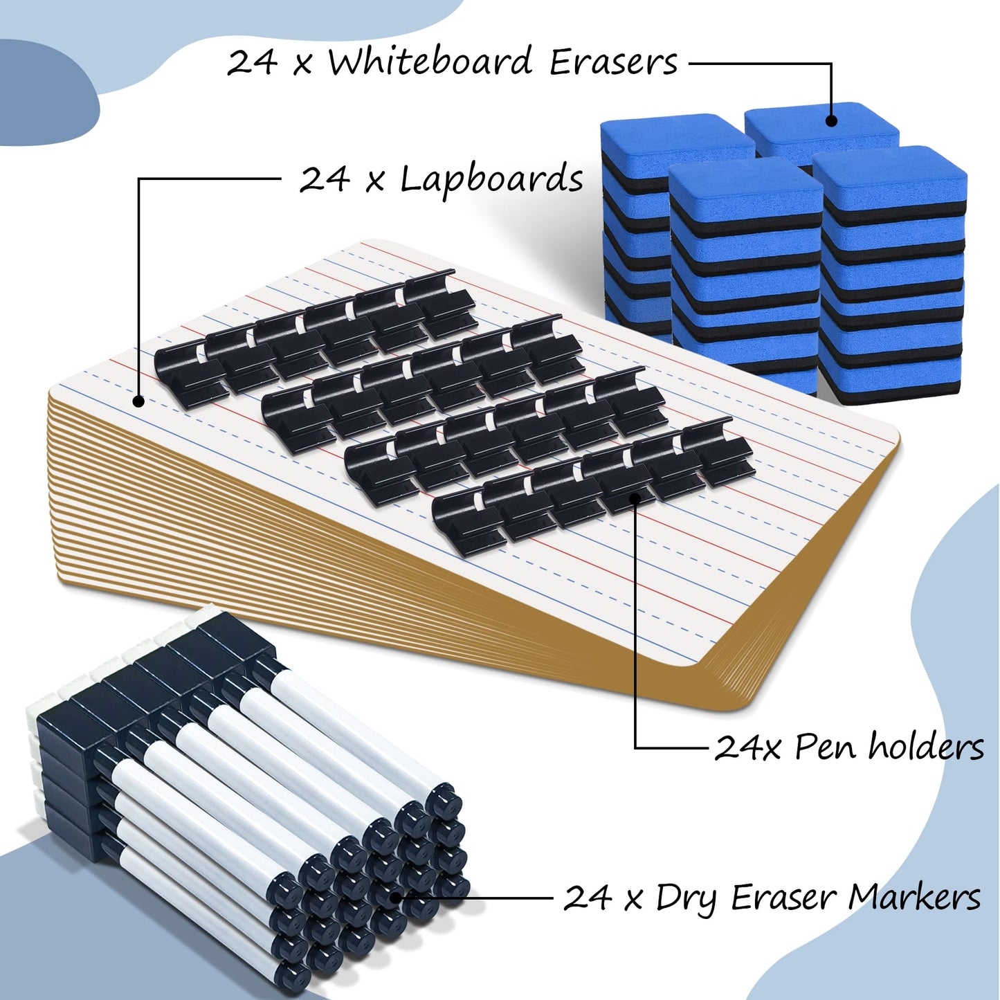 24 Pack Dry Erase Boards, 9"x12" Double Sided Easel Small Whiteboards with Lines for Kids, Students, Education Teacher Classroom, Mini Portable Learning White Boards with 24 Markers, 24 Erasers