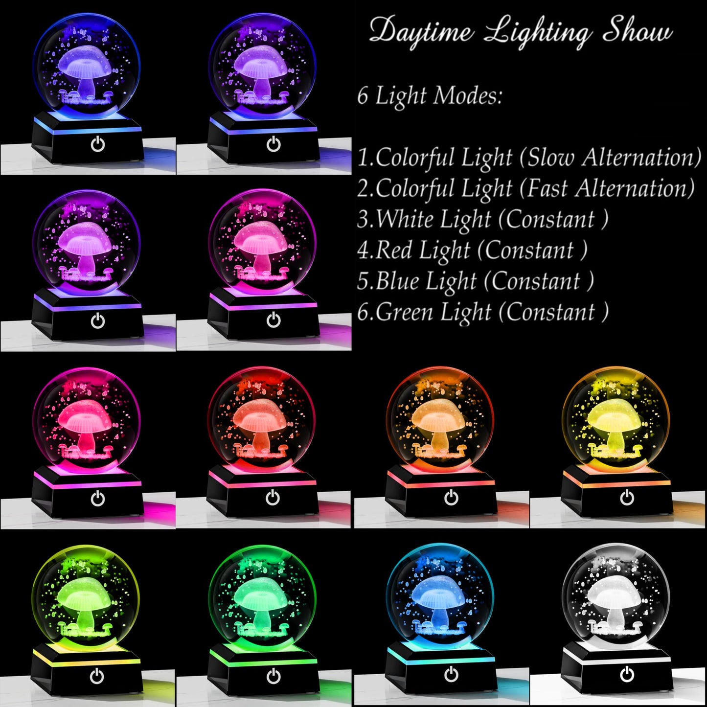 Qianwei 3D Crystal Ball Night Light - 3.14'' Mushroom Decor Glass Plants Lamp Figurines Statue for Room Decoration
