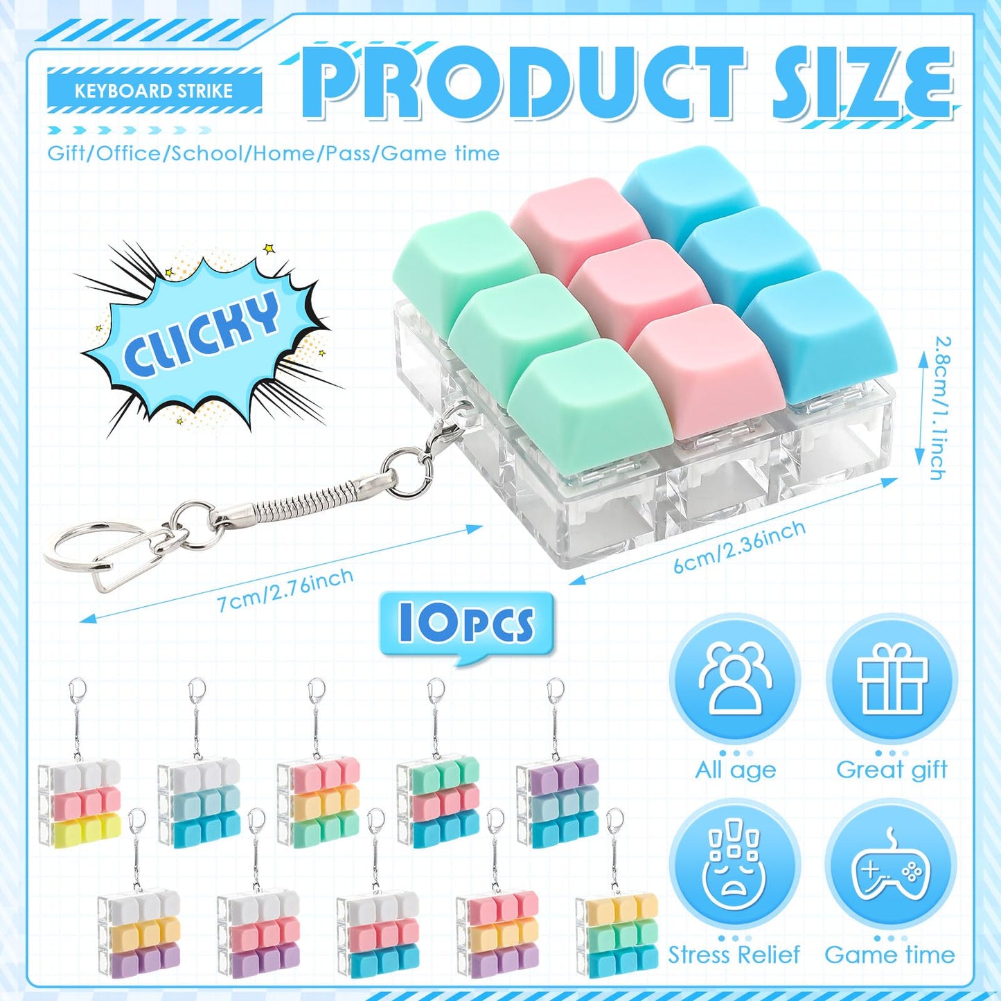 Halloscume 10 Pcs Keyboard Adult Fidget Clicker 9-in-1keyboard Fidget Keychain Cube Mechanical Key Button Clicker Stress Relief Gift for Office Home to Pass The Time (Macaron Color)