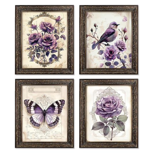 Locomiss Vintage Purple Butterfly Bird Floral Wall Art Decor, Antique Bird Rose Flower Butterfly Prints Posters for Home Living Room Girls Room Bedroom Farmhouse Wall Decor, Set of 4, 8x10 Unframed