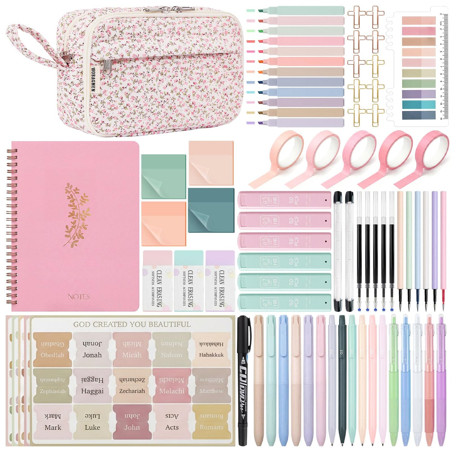 WOBAGMEN 76PCS Bible Study Supplies Kit for Women, Journaling Set with No Bleed Highlighters, Laminated Bible Tabs,Notebook, Quilted Pencil Case, Bible Accessories Set Beginner Christian Gifts