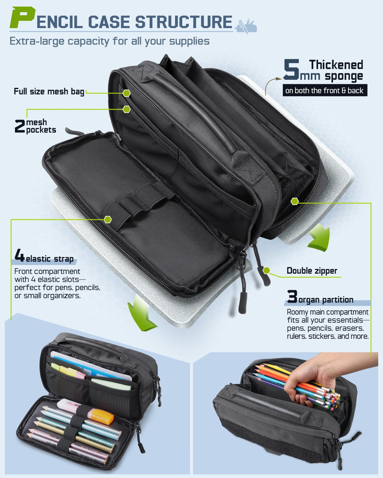 RXW Large Capacity Pencil Case Pouch for Boys, Zippered Tactical Pencil Bag Carry Handle, Small Tool Pouch for Adults (includes US Flag Patch + 2 MOLLE Straps)