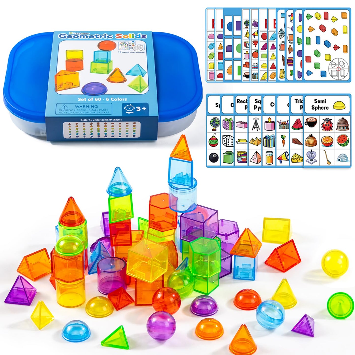 Odoorgames 60 Pcs 3D Shapes for Teaching - Light Table Manipulatives - Geometric Shapes for Classroom