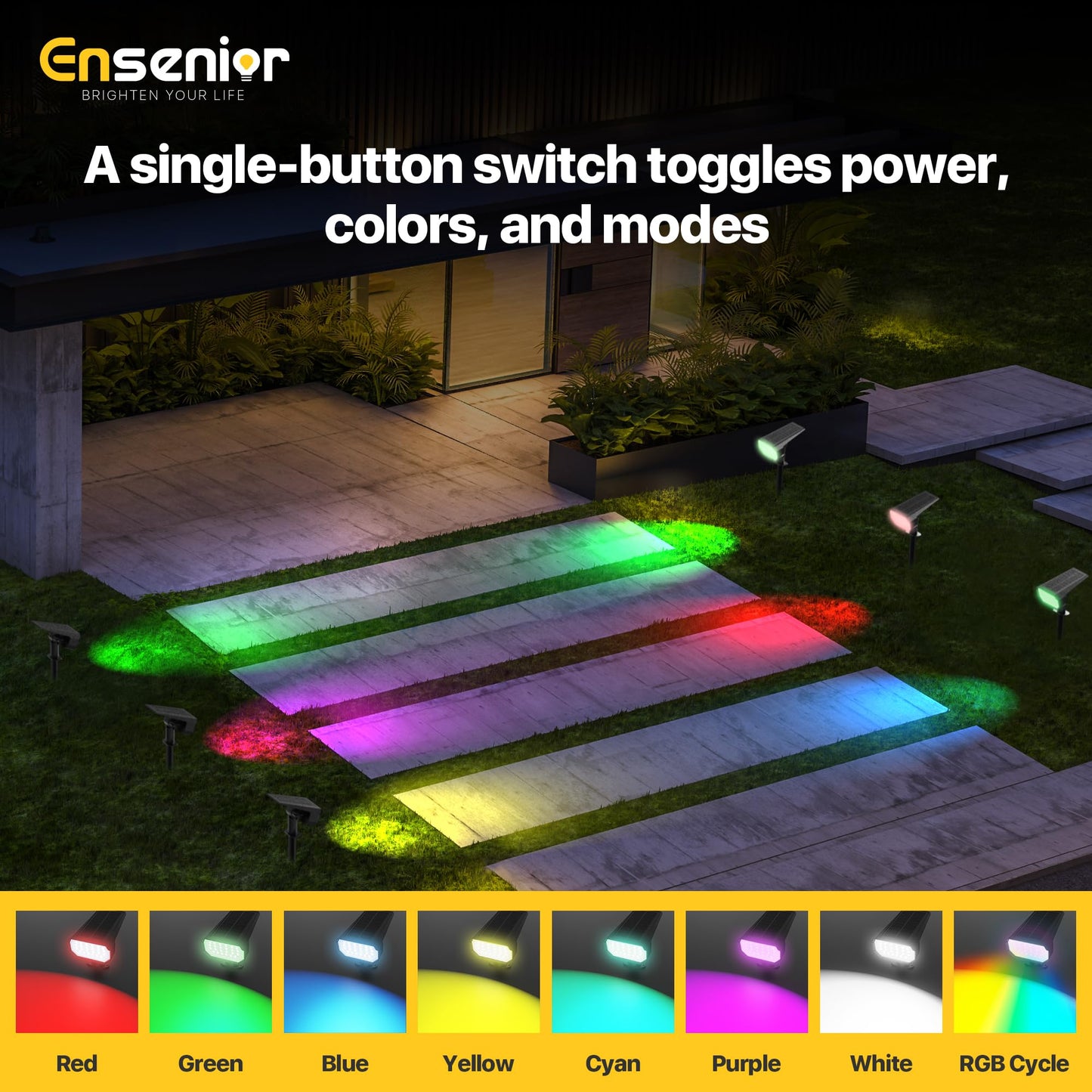 Ensenior Solar Spotlights Outdoor Waterproof RGB 7+1 Color Changing Landscape Lighting, Pack of 10, Model CP2-13CM-RGB-10-BL-ZY-M02