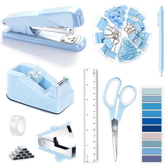 Dimonluce Blue Desk Accessories, Blue Office Supplies Accessories with Tape Dispenser, Stapler, Staple Remover, 1000 Staples, Tape, Clips Set, Ruler, Scissor, Pen