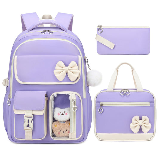 GeeWin Girls Backpack for School with Lunch Box & Pencil Case Set, 17 Inch Waterproof Cute Bow Girls Bookbag for Kids, Teens, Elementary Middle High College School Student (Purple/Beige)