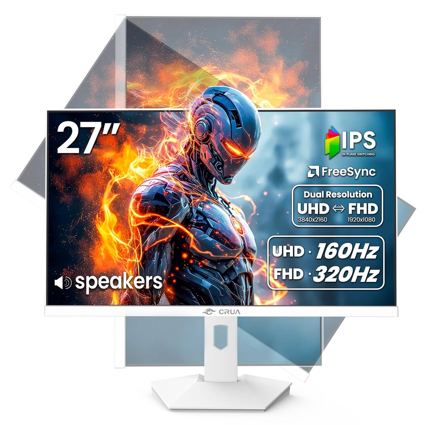 CRUA 27'' 4K Gaming Monitor, UHD 160Hz / FHD 320Hz Dual Mode IPS White Computer Monitors, Rotating/Pivot & Height-Adjustable, AMD FreeSync, Built-in Speakers, PIP/PBP, HDMI 2.1 & DP 1.4