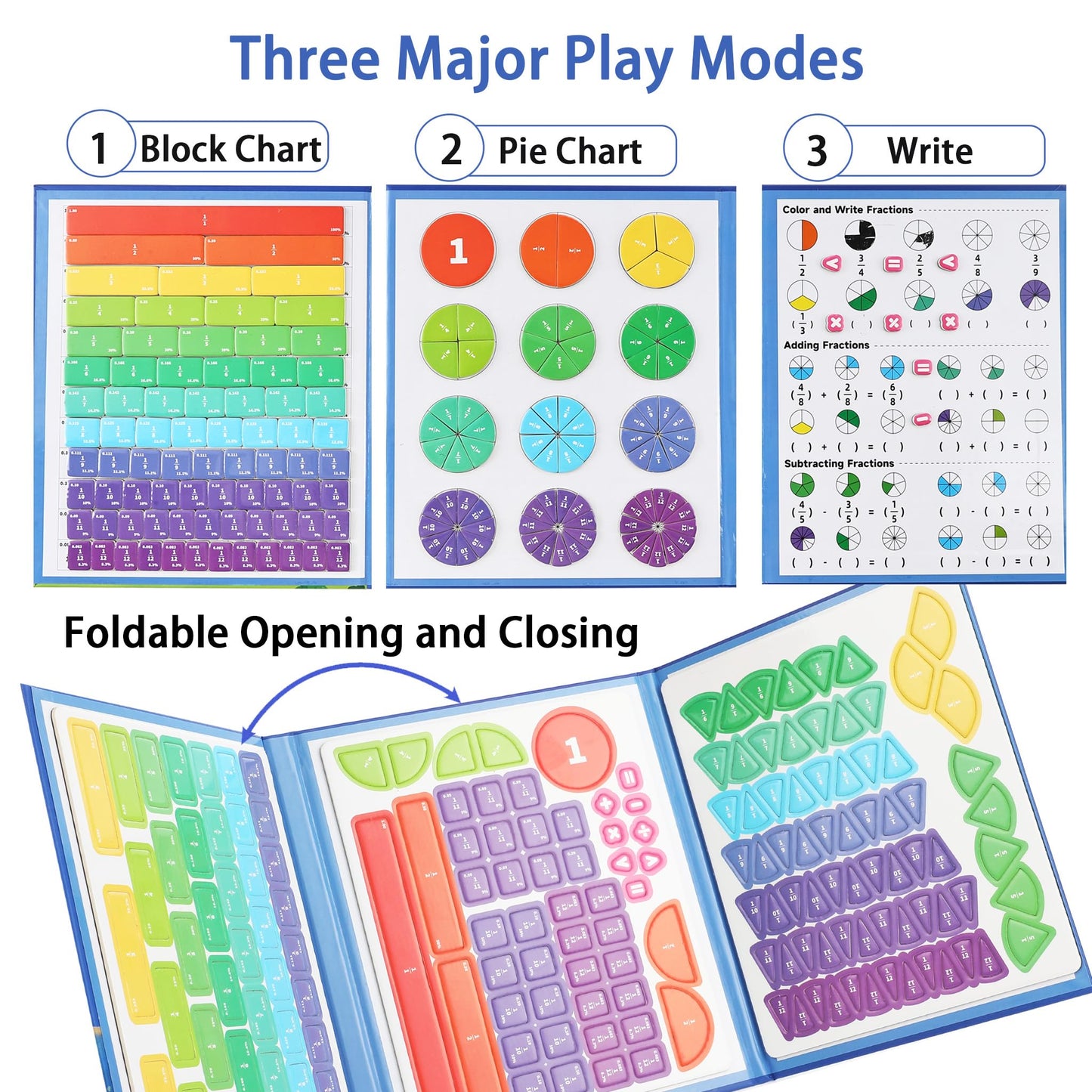 Magnetic Fraction Playbook & Fraction Manipulatives Set, Montessori Magnetic Fraction Book for Kids Grades K-3, Math Manipulatives with Fraction Tiles and Circles, Educational Fraction Games & Puzzle