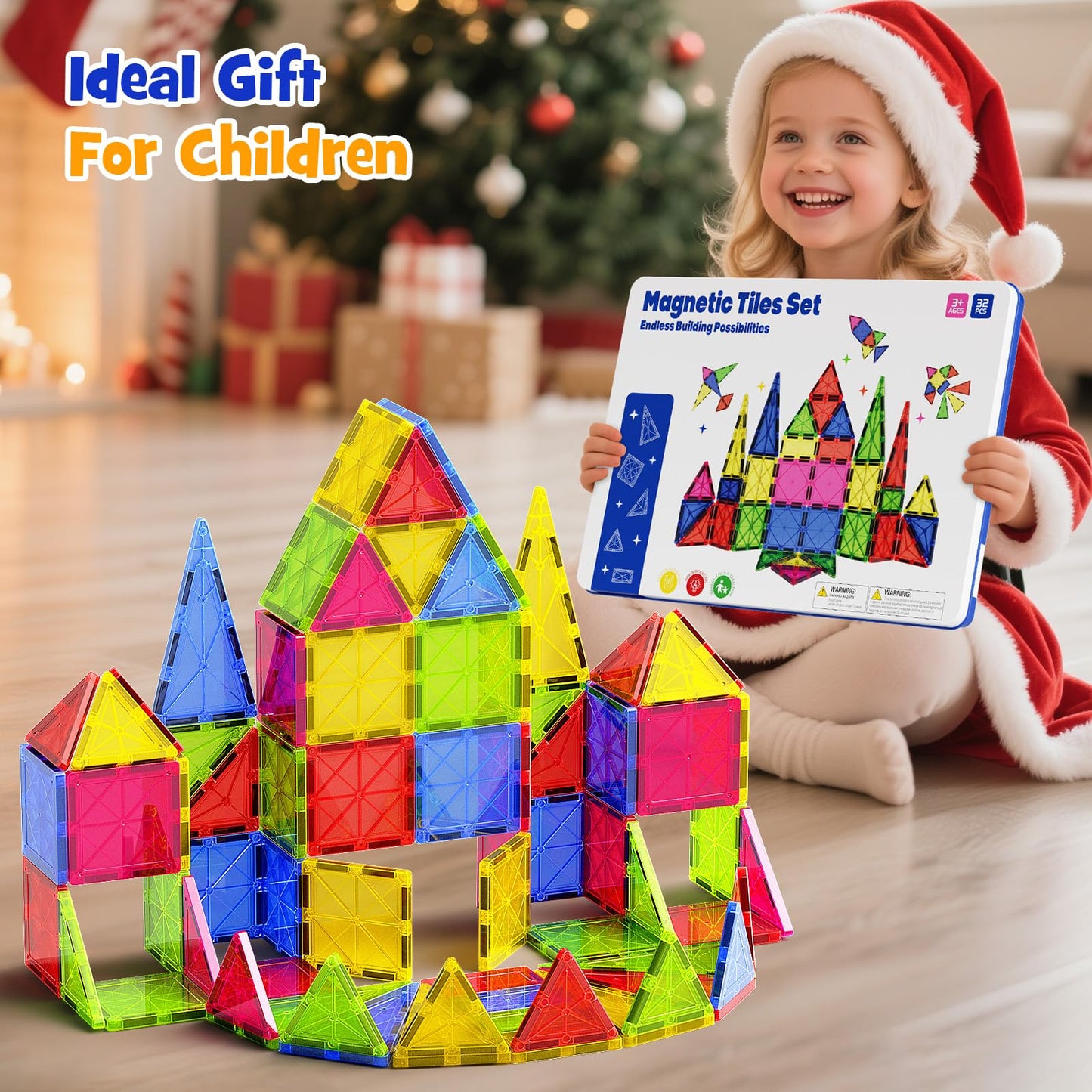 MEIQ Jumbo Magnetic Tiles with Secure Metal Case, 32 Pcs Large Magnetic Building Blocks for Kids 3-8, STEM Toys for Toddlers, Preschool Learning Montessori Toys, Age 3+ Boy Girl Gift