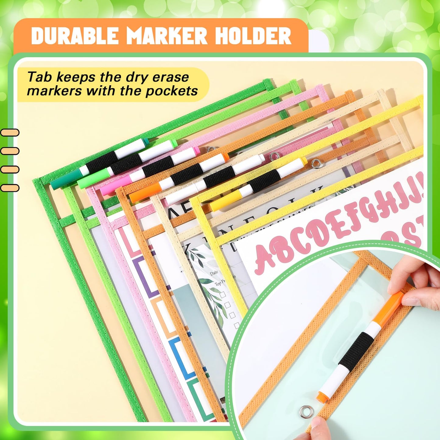 Watersay 24 Pcs Dry Erase Pocket Reusable Sleeves 10" x 14" Clear Plastic Sheet Protectors with Markers and Mini Dry Erasers for Paper(Modern Boho)