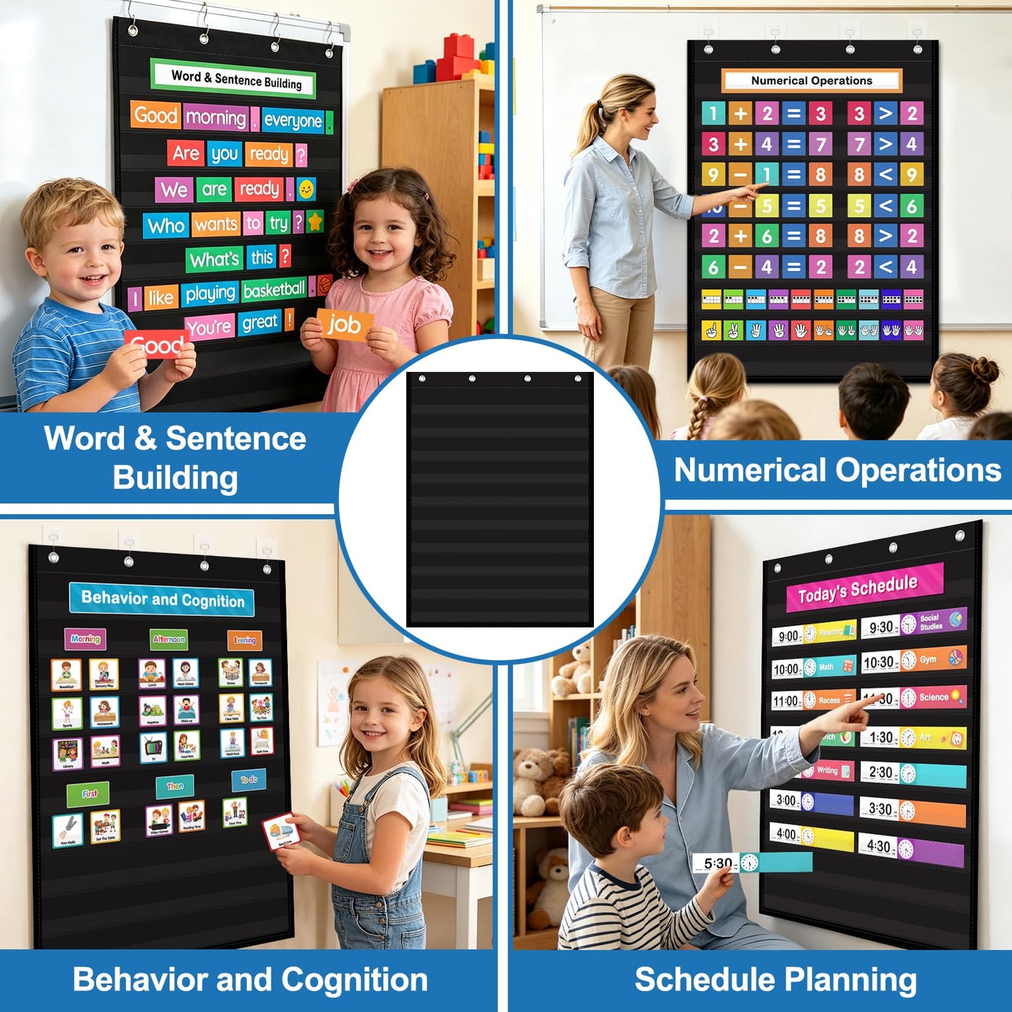 AUVCAS Pocket Chart for Classroom & Homeschool,10 Clear Pocket Hanging Organizer for Sentence Strips,Word Walls & Calendar Display,Holds All Standard Cards,Heavy Duty 43" x 28" - Black