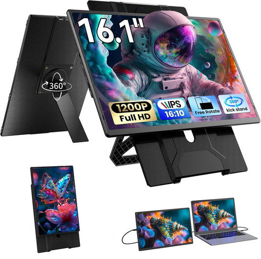 Blackview 16.1" Portable Monitor for Laptop, 1200P FHD Laptop Monitor Extender, 360° Rotating Detachable Magnetic Stand, Plug & Play with HDMI/USB-A/Type-C, Extra Screen for Windows/Mac/Linux/Android