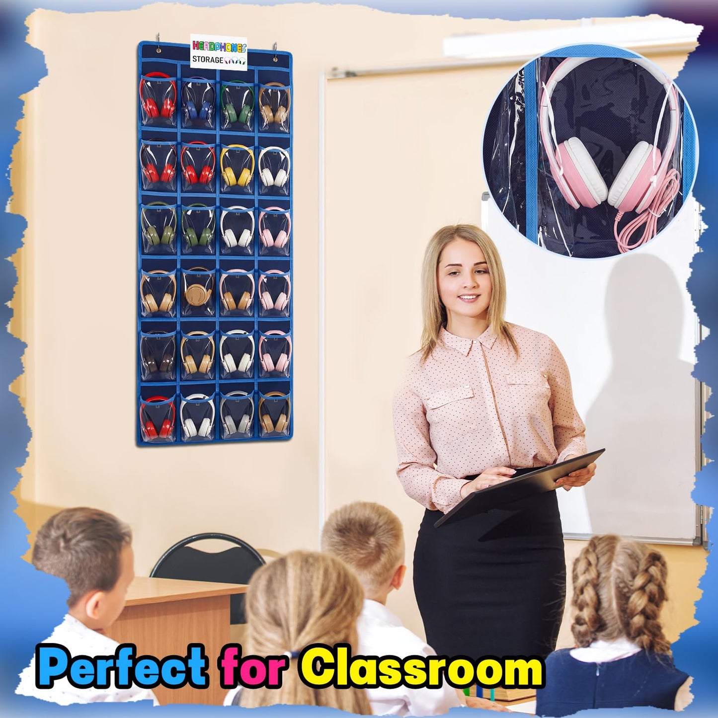 Maasechs Classroom Headphone Storage Organizer 24 PVC Clear Over The Door Hanging Classroom Headphone Holder Pocket with 4 Hooks for School Library(Blue)