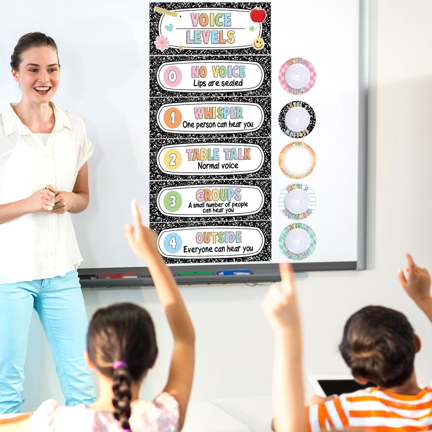 5 Pcs School Push Light and Voice Level Poster Voice Level Chart Monitor Rules Sign LED Tap Light Classroom Rules Poster Noise Chart Classroom Management Tools for Teachers Kids（Composition Style）