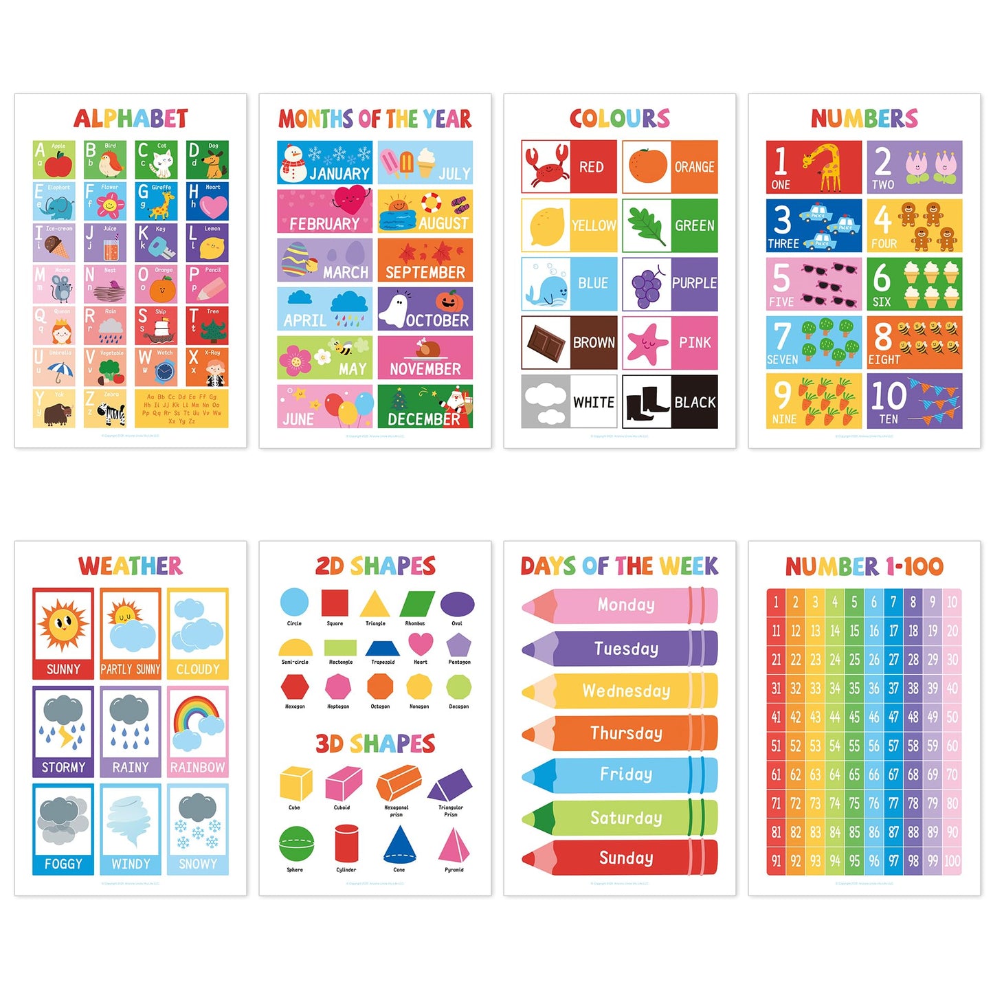 UNCLE WU 16 Pack Laminated Educational Posters for Toddlers, 17 x 11 Preschool Classroom Posters with ABC Alphabet, Numbers 1-100, Shapes, Colors, USA & World Maps, Homeschool Supplies