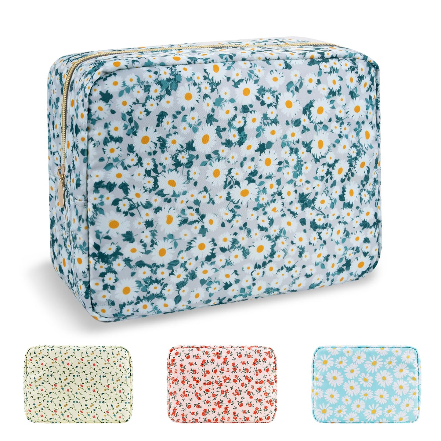 UIXIZQ Waterproof Large Floral Makeup Pouch,Nylon Travel Toiletry Storage Purse Preppy Cosmetic Bag for Women Girl,Large Capacity Makeup Organizer Zipper Pouch for Work(L Green-Daisy)