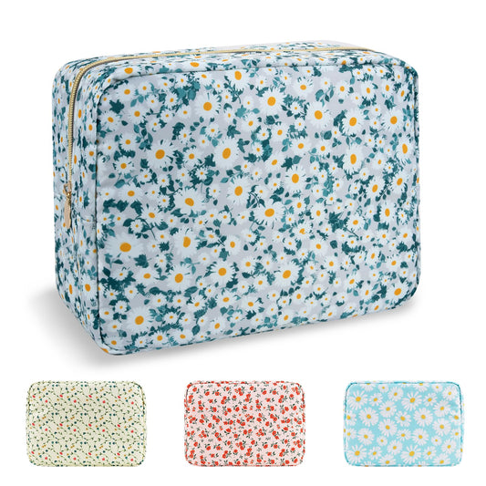 UIXIZQ Waterproof Large Floral Makeup Pouch,Nylon Travel Toiletry Storage Purse Preppy Cosmetic Bag for Women Girl,Large Capacity Makeup Organizer Zipper Pouch for Work(L Green-Daisy)