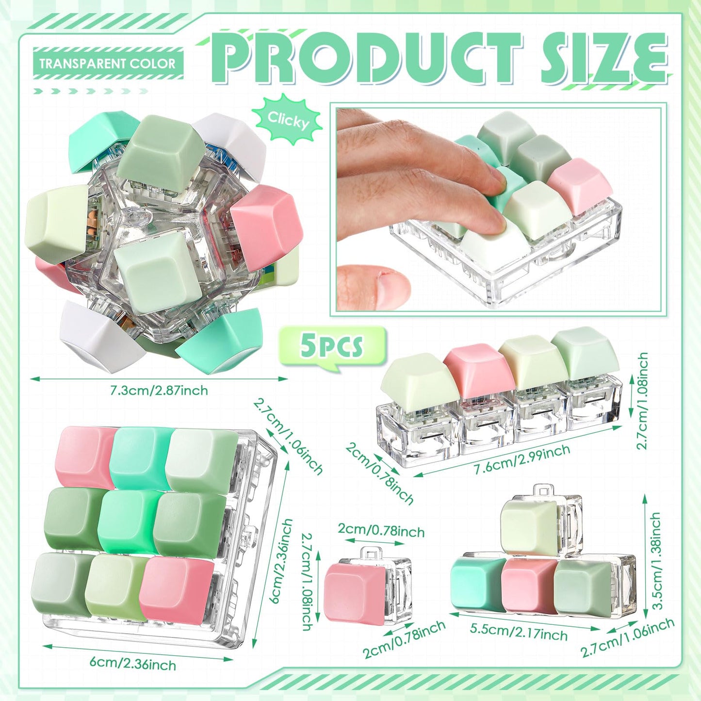 Halloscume 5 Pcs Keyboard Adult Fidget Clicker in 5 Styles Keyboard Fidget Keychain Cube Mechanical Key Button Clicker Stress Relief Gift for Office Home Pass Time(Fresh Color)