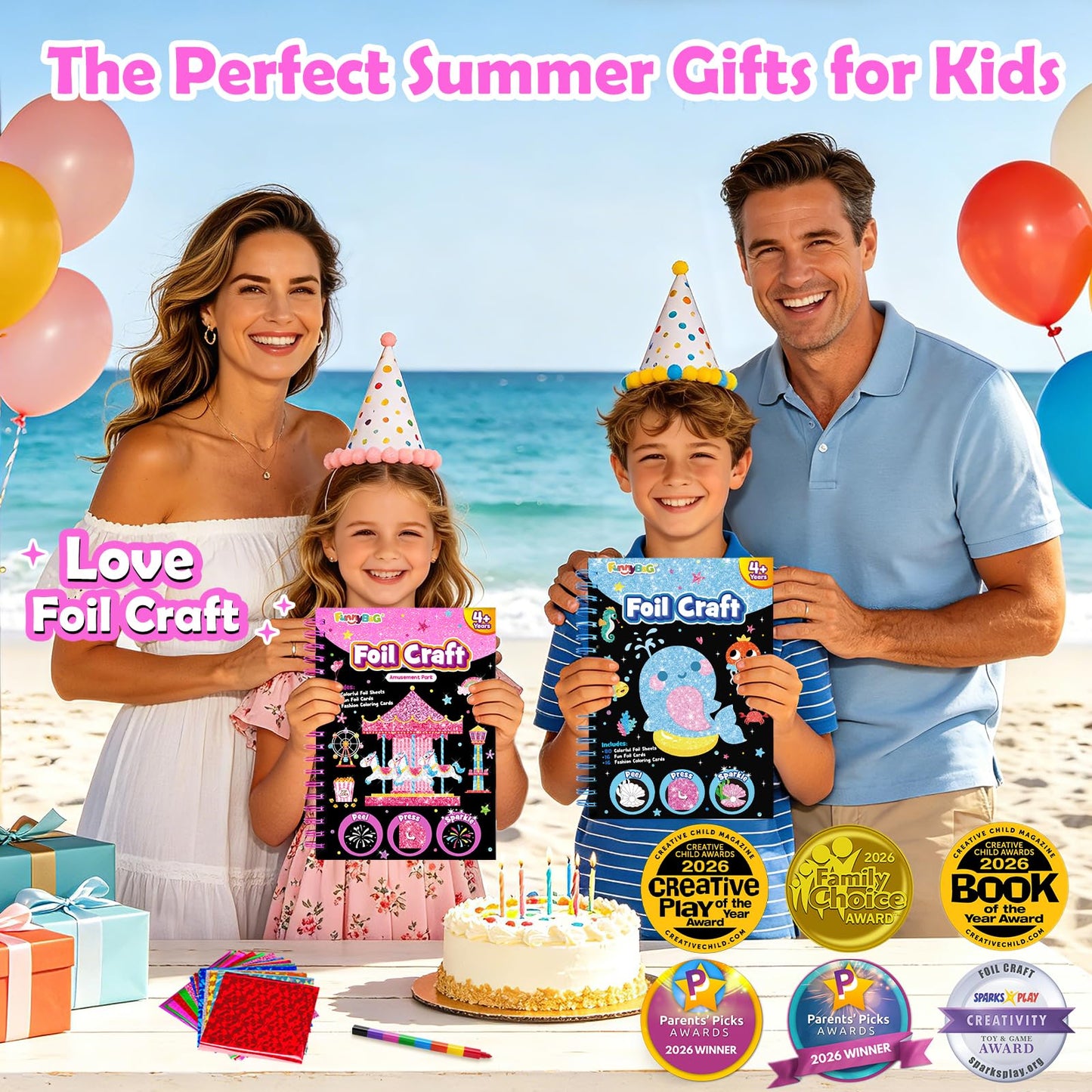FUNNYB&G Foil Art Craft Kit for Girls 4-10 Years Old: Mess-Free & No-Glue, Create 16 Sparkly Amusement Park Pictures – Perfect Travel Toy & Birthday Gift for Kids （Amusement Park）