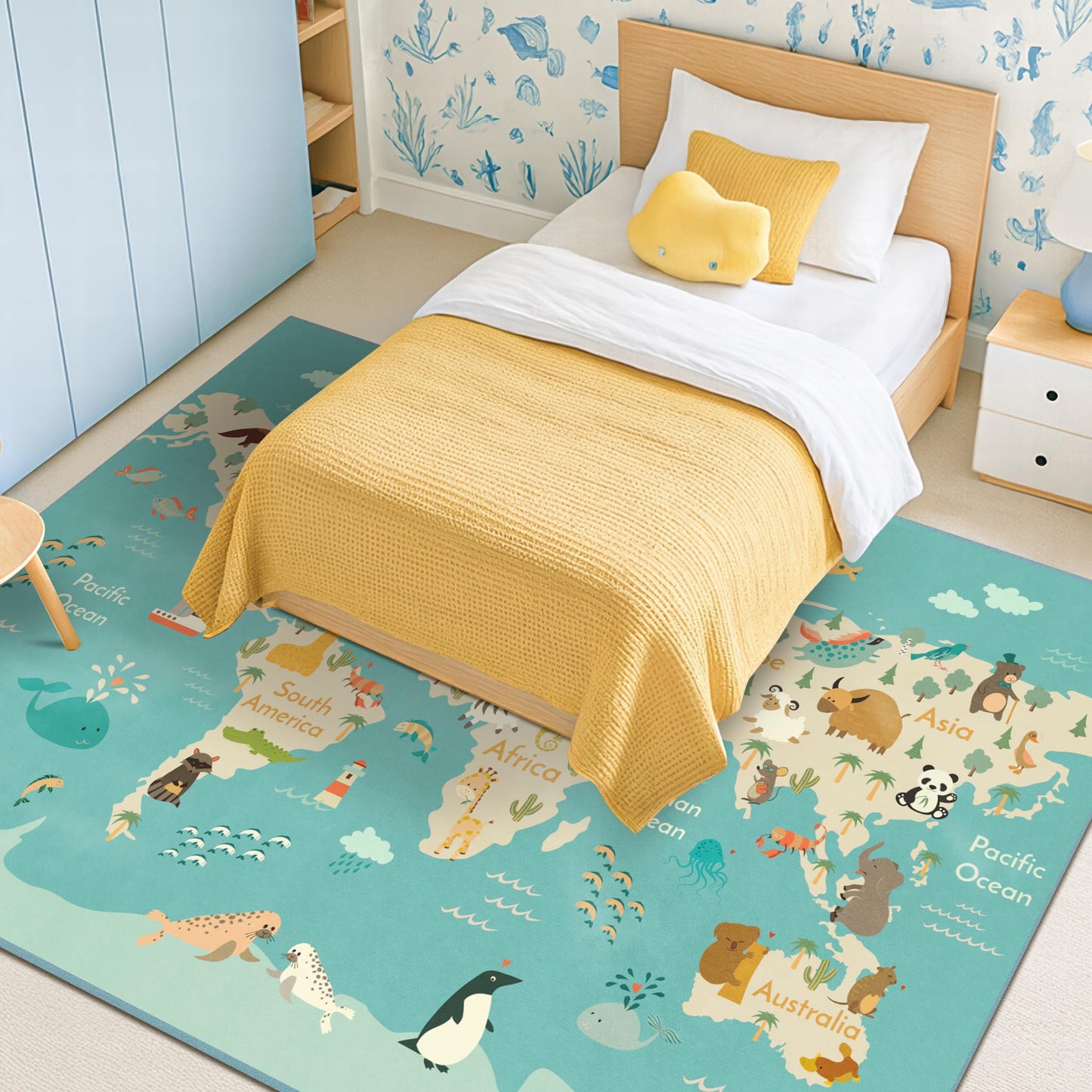 Hazo Haus Washable Large Kids Room Rug with Animal – 6x9 Educational World Map Play Mat for Bedroom – Non-Slip, Stain Resistant, Soft & Safe for Baby, Playroom Essentials - Blue Ocean