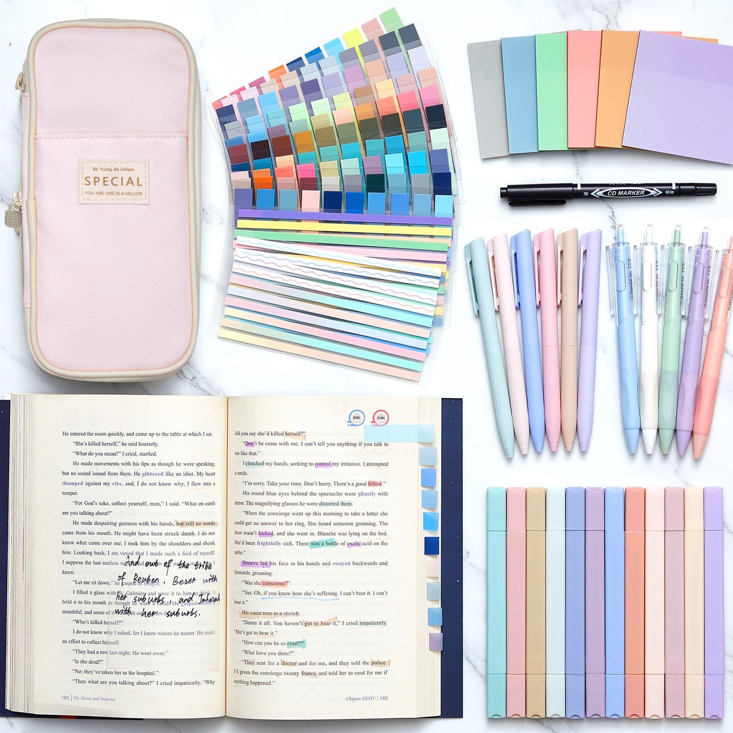 Trandraft 135 Pcs Book Annotation Kit with Pencil Case, 12 Pastel Highlighters, 11 Gel Pens, Fine Marker, 300 Transparent Sticky Notes, 2640 Index Tabs, Bible Study Supplies Kit(Classic,Pink)