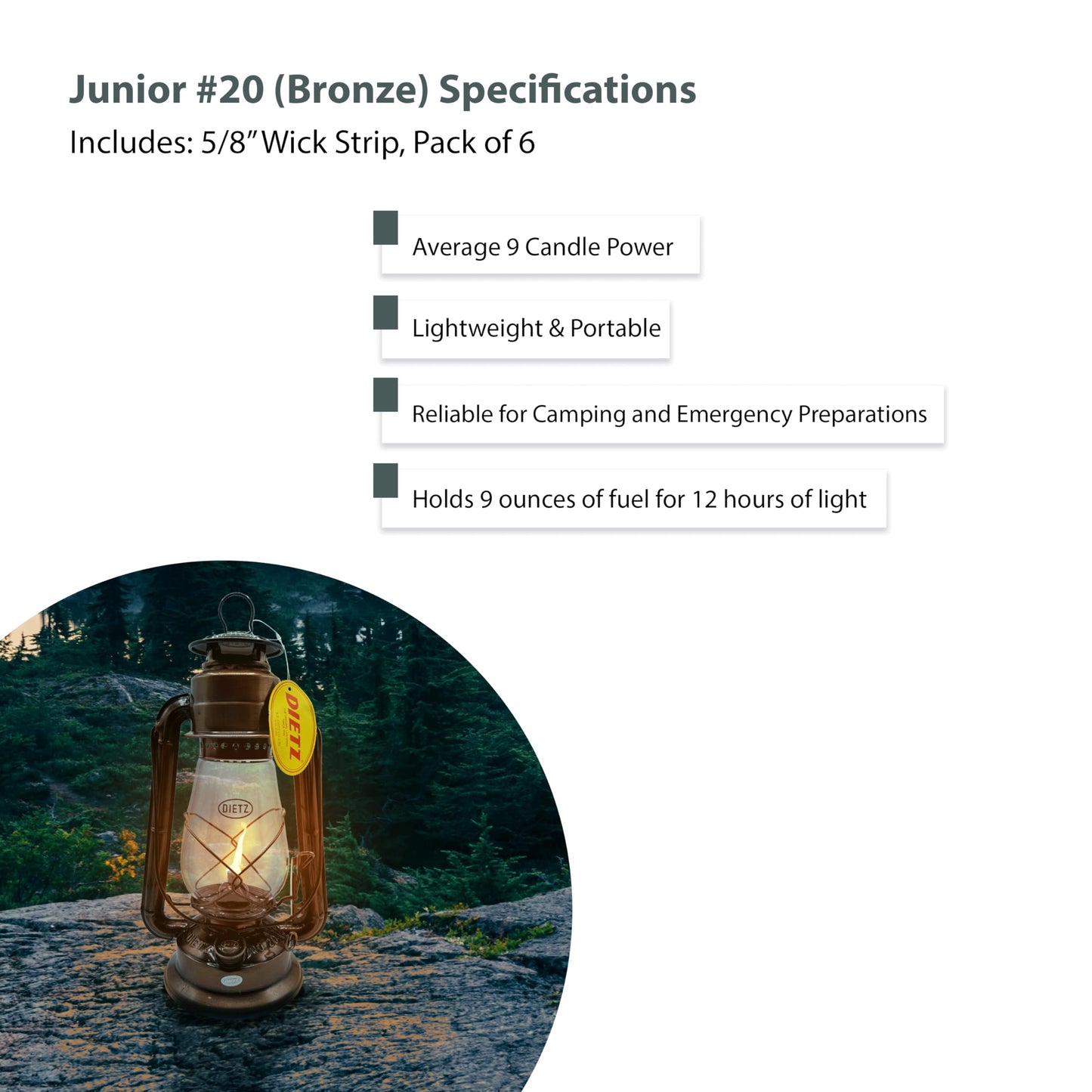LIGHT OF MINE Oil Lantern - Dietz #20 Junior, Bronze, Borosilicate Glass, 100% Cotton Replacement Wick Strips
