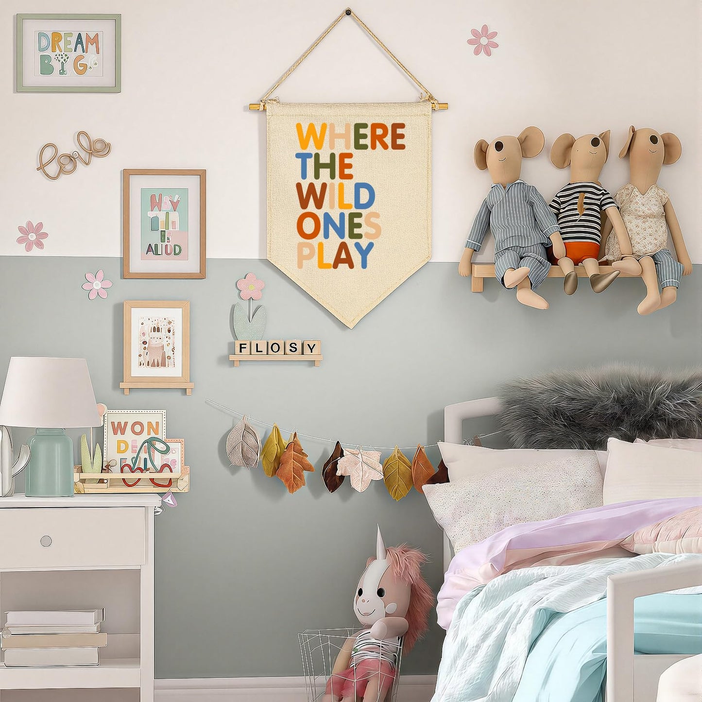 Where The Wild Ones Play-Canvas Hanging Pennant Flag Banner Wall Sign Decor for Nursery Baby Kids Girl Boy Teen Bedroom Playroom- Baby Gift Shower Flag-Birthday Christmas Gift