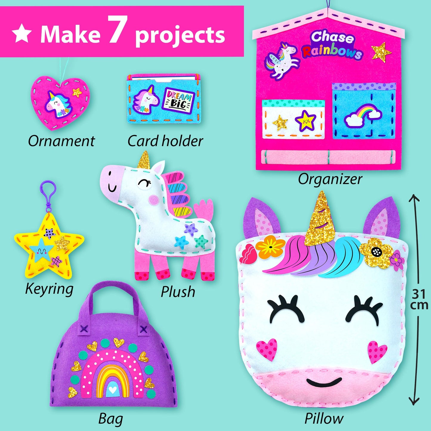 KRAFUN My First Unicorn Kids Sewing kit, Beginner Arts & Crafts, Make 8 Cute Projects with Plush Stuffed Animal, Pillow, Mobile, Keyring and Bag, Instructions & Felt for Learn Sewing, Embroidery