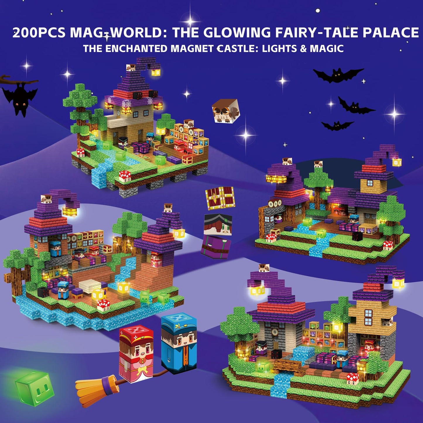 Gryxpox 200PCS Magnetic Blocks - Magnetic School Castle Set with Light Up Blocks - Kids Classroom Sensory Toy for Toddlers STEM, Construction Stacking Toy Kids 3+ Boys Girls Christmas Birthday Gifts