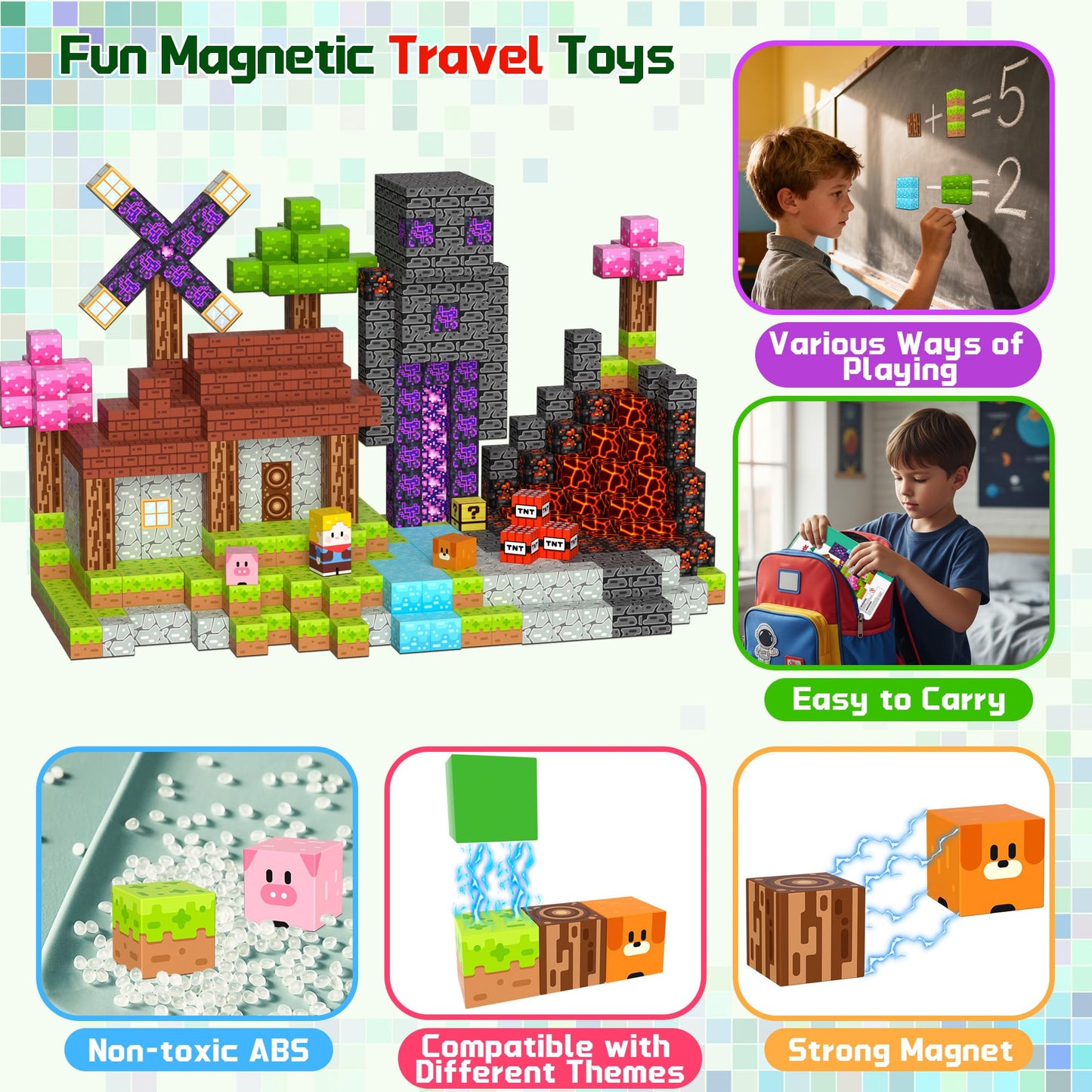 OUGUI 200 PCS Magnetic Blocks Building Block Kids - Magnet Cubes Boy Girl Constructions Toys STEM Montessori Educational Stacking Sensory Toy for Ages 3 4 5 6 7 8 9 10 11 12 Christmas Birthday Gift