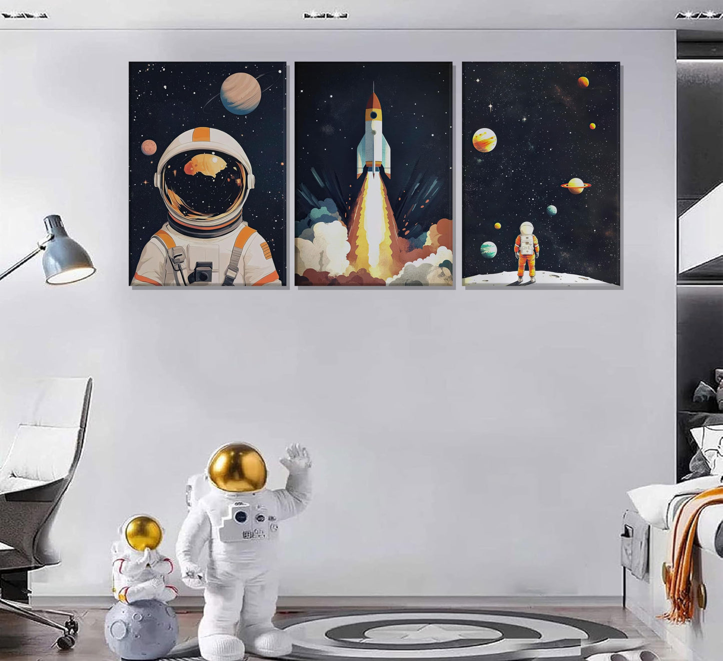 3Pcs Space Astronaut Canvas Wall art Cute Astronaut Nursery Galaxy Posters Modern Space Themed Print Rocket Pictures Toddler Boy Room Wall Decor for Adventure Kids Bedroom Nursery Room Framed
