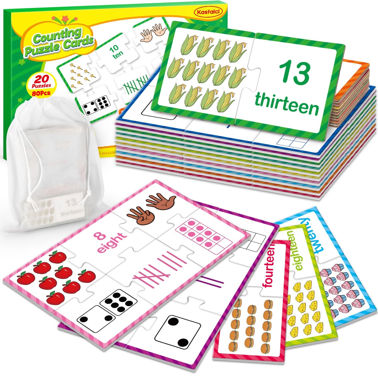 Kasfalci Number Puzzle Flash Cards, 80 PCS Counting Math Flashcards for Kids Toddler, Matching Games, Preschool Kindergarten Activities Classroom Must Haves, Educational Toys