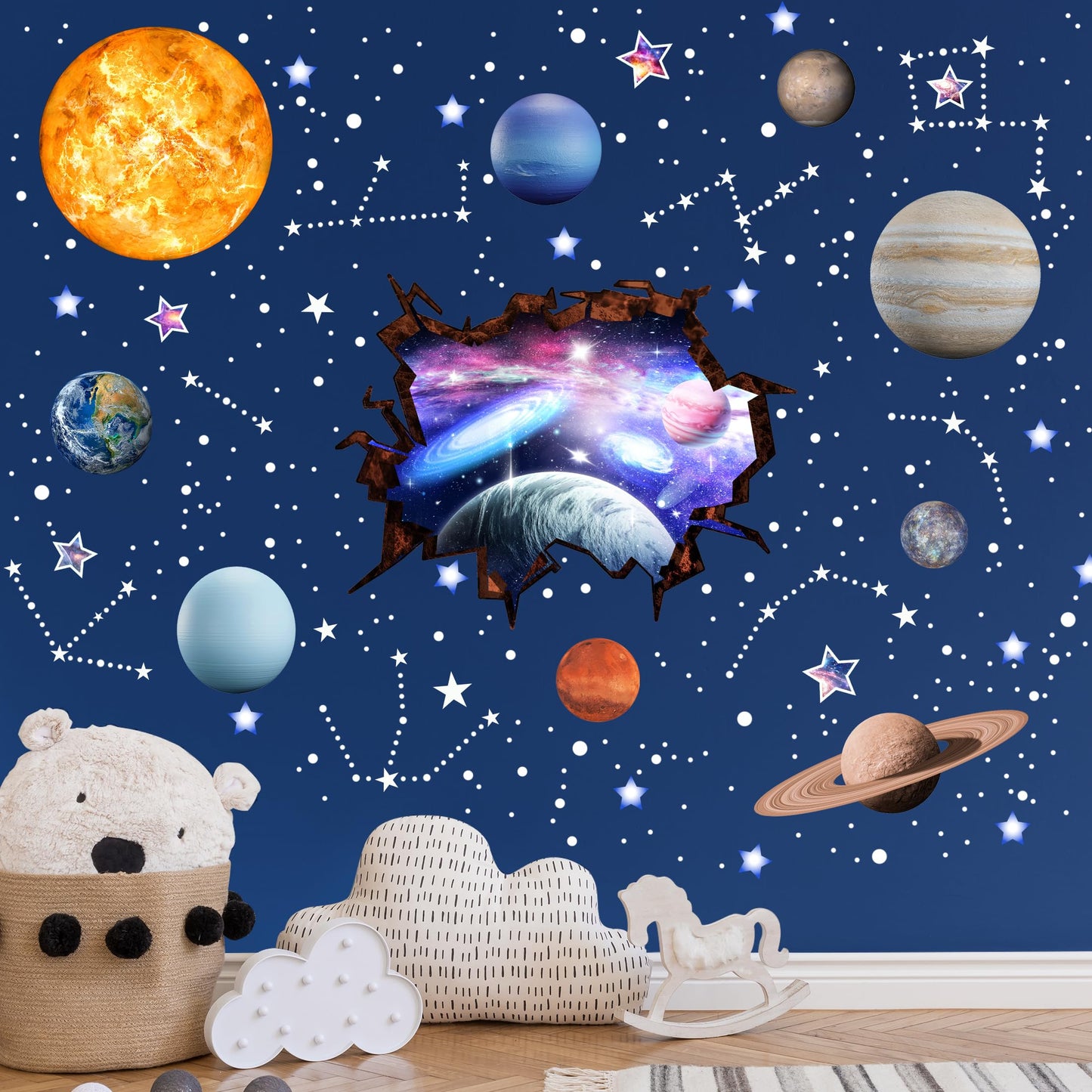 Robmoda Stars and Planets Wall Decals Glow in The Dark, Sun Solar System Stickers for Ceiling, Space Wall Sticker for Kids Room (Blue)