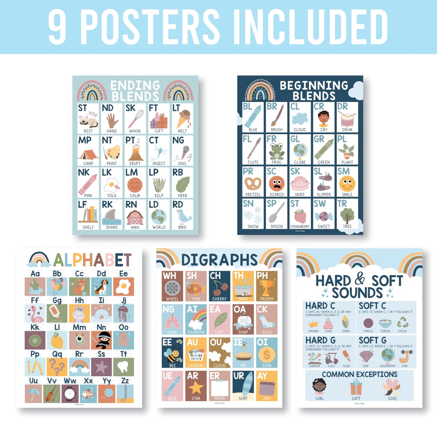 Hadley Designs Phonics Posters for Classroom Must Haves - 9 Sound Wall for Kindergarten & Elementary Teacher Supplies, Syllable, Vowels, Digraphs & Blends Bulletin Board Set, Boho Classrom Decor