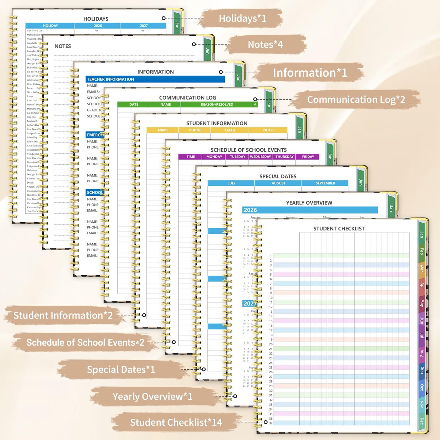 Teacher Planner 2026-2027, Jul 2026-Jun 2027 Academic Year, 8.5" x 11" Lesson Planner Book for Teacher Calendar, Spiral Bound Planners, Planning Stickers, Colorful Monthly Tabs, Leopard