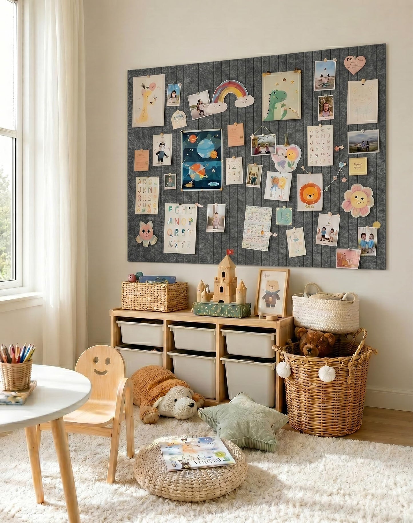 Aothia 12-Pack Felt Bulletin Board Tiles 48"x36", Modular Pin Board for Smooth Walls, Cork Board Alternative for Notes & Photos, 0.35" Thick, 70 Adhesive Tabs & 40 Pins, Charcoal Gray