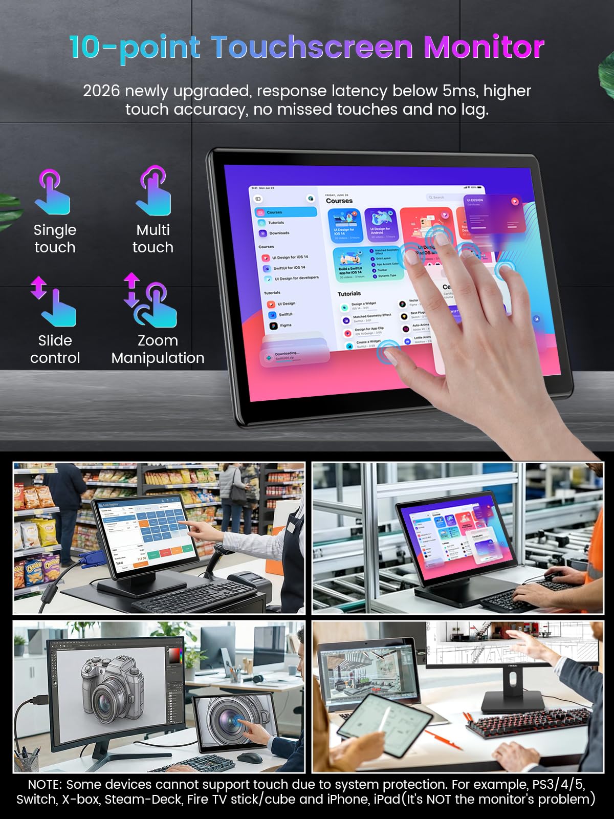 JUNEBOX 13.3'' Portable Touch Screen Monitor,VESA Touchscreen Display,1080P 10-Point HDMI VGA Port Ultra-Slim Portable Laptop Touchscreen Monitor for PC MacBook Phone PS Xbox(13.3 inch) 1
